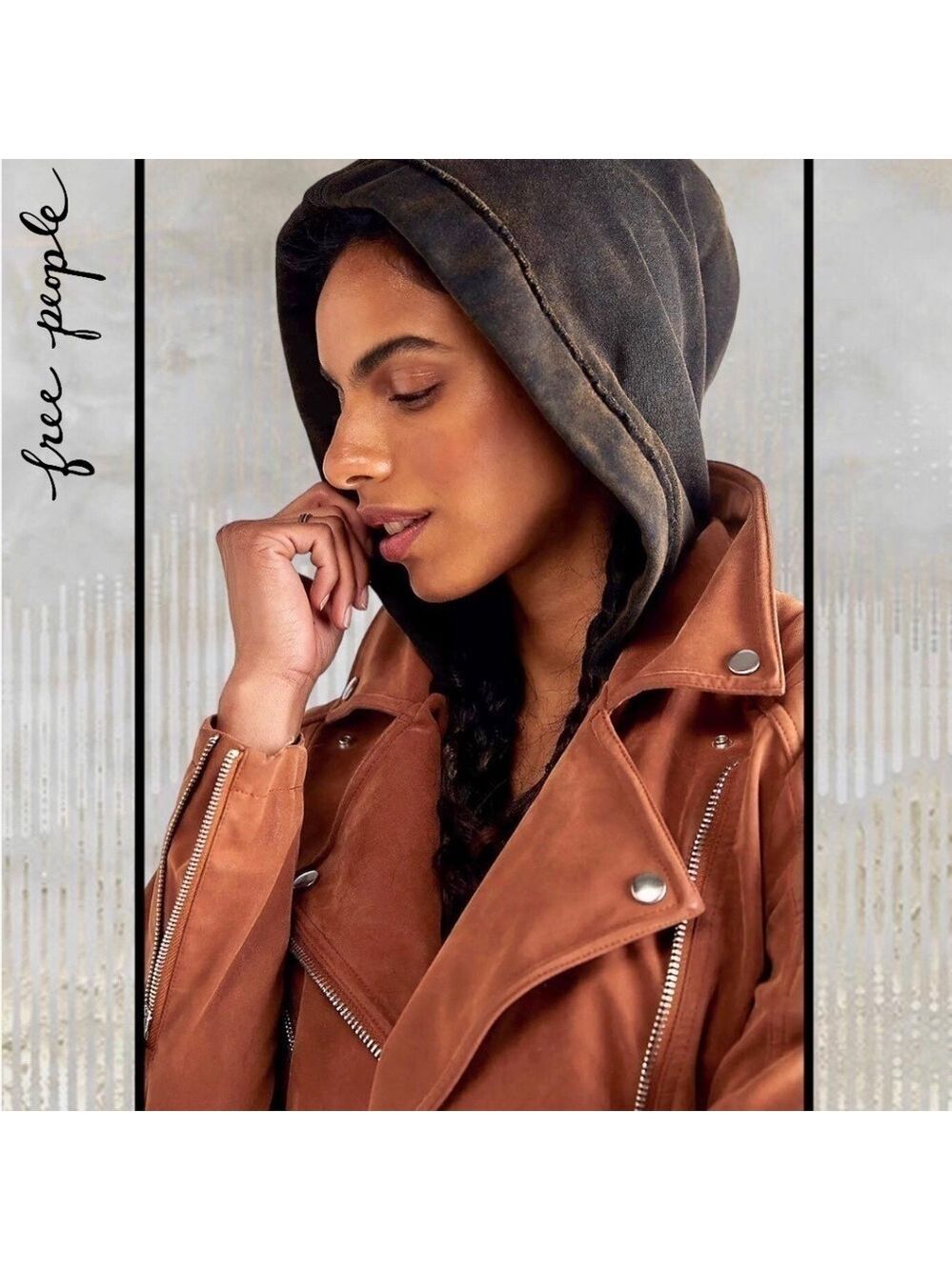 FREE PEOPLE NWT Harriett Moto-Style Brown Vegan Suede, Black Hood Jacket/Md - Picture 9 of 16